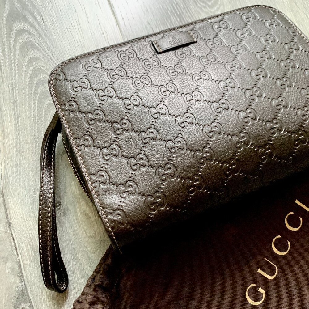 Gucci GG Monogram Leather Clutch Bag Dark Brown Unisex